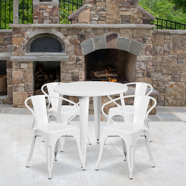 Commercial Grade 30" Round White Metal Indoor-Outdoor Table Set with 4 Arm Chairs