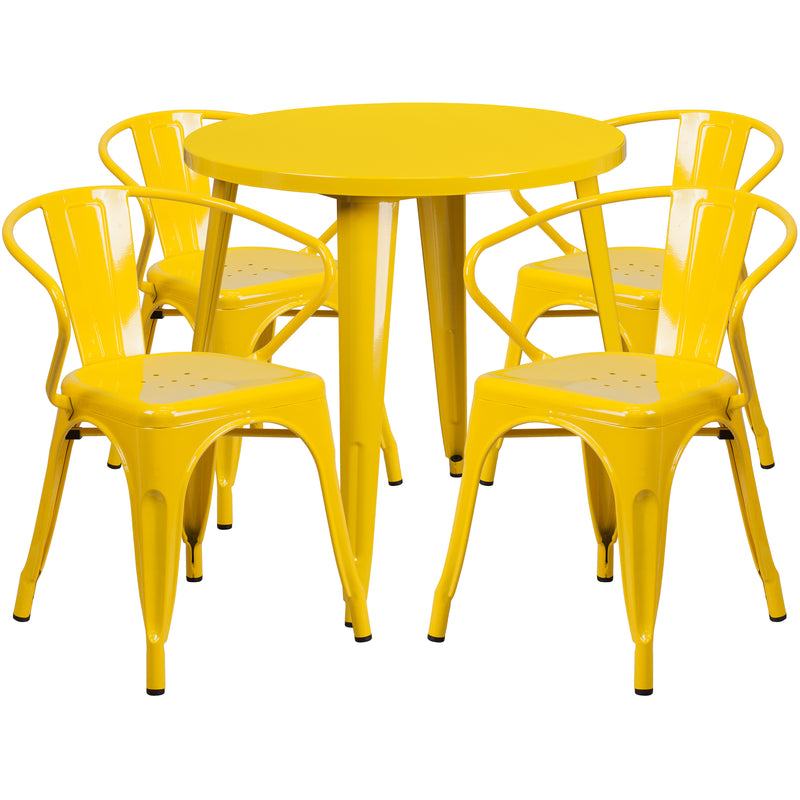 Commercial Grade 30" Round Yellow Metal Indoor-Outdoor Table Set with 4 Arm Chairs