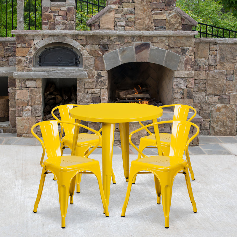 Commercial Grade 30" Round Yellow Metal Indoor-Outdoor Table Set with 4 Arm Chairs