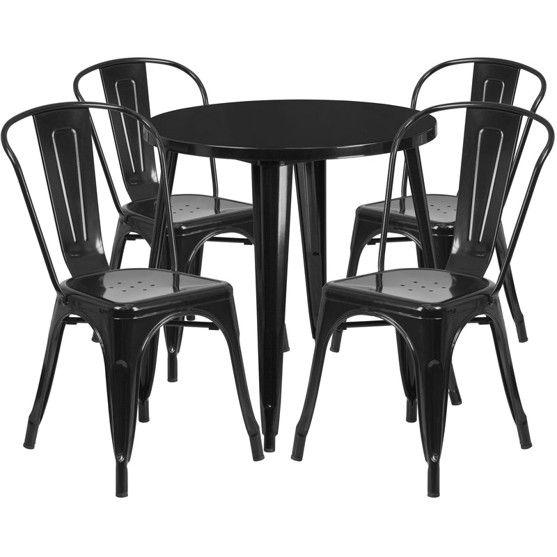 Commercial Grade 30" Round Black Metal Indoor-Outdoor Table Set with 4 Cafe Chairs