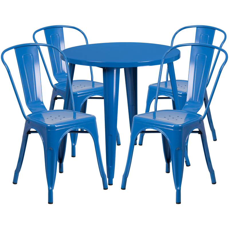 Commercial Grade 30" Round Blue Metal Indoor-Outdoor Table Set with 4 Cafe Chairs