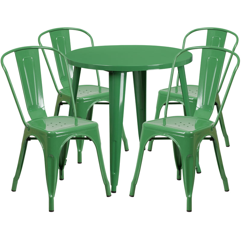 Commercial Grade 30" Round Green Metal Indoor-Outdoor Table Set with 4 Cafe Chairs