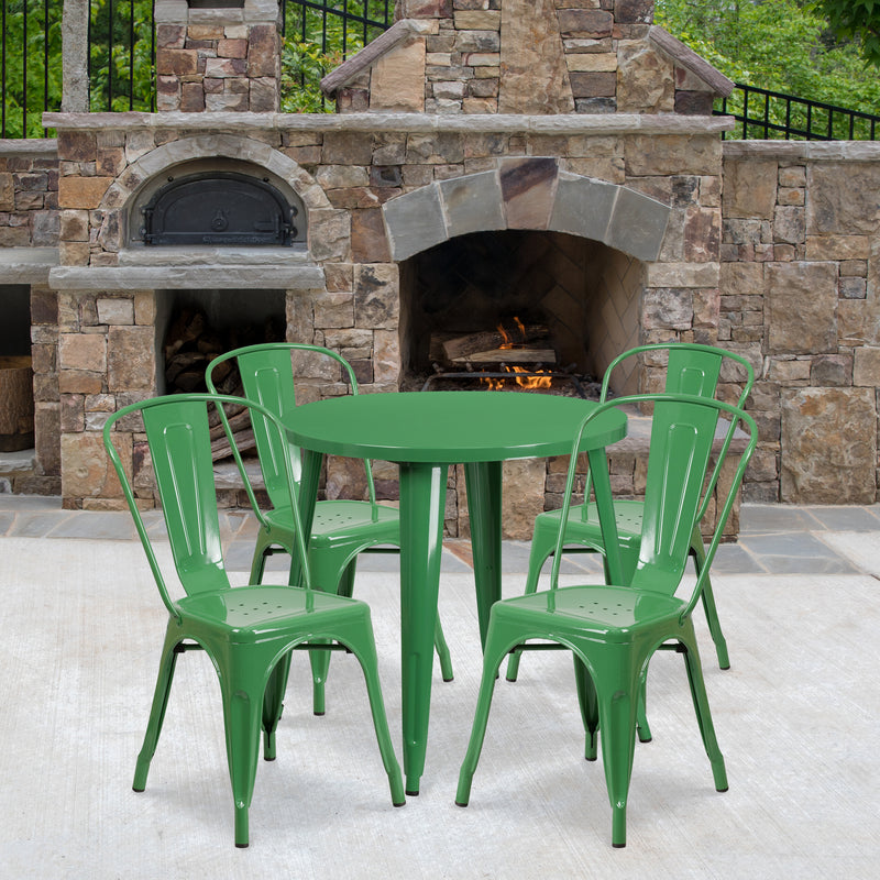 Commercial Grade 30" Round Green Metal Indoor-Outdoor Table Set with 4 Cafe Chairs