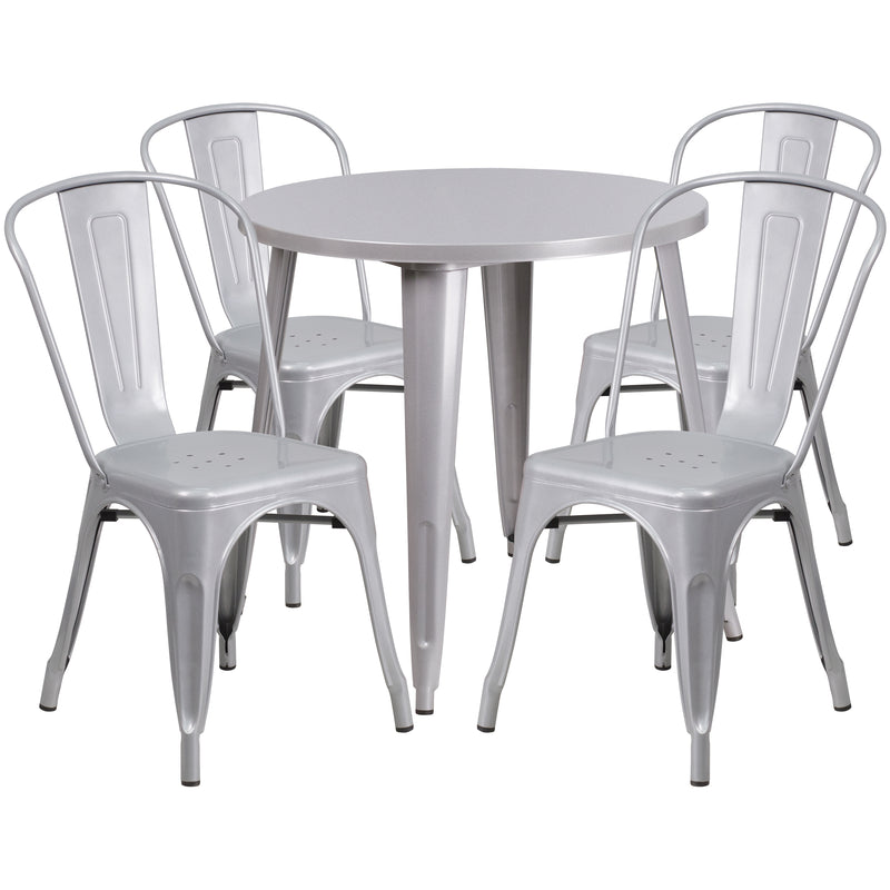 Commercial Grade 30" Round Silver Metal Indoor-Outdoor Table Set with 4 Cafe Chairs