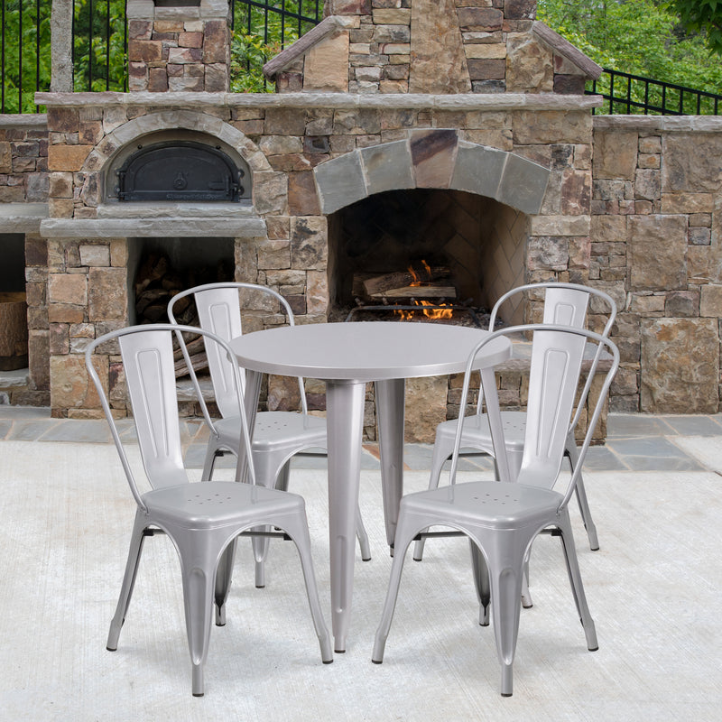 Commercial Grade 30" Round Silver Metal Indoor-Outdoor Table Set with 4 Cafe Chairs