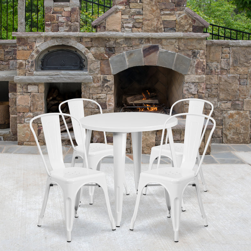 Commercial Grade 30" Round White Metal Indoor-Outdoor Table Set with 4 Cafe Chairs