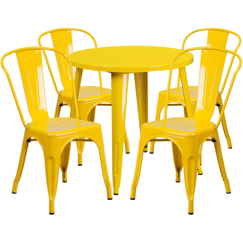 Commercial Grade 30" Round Yellow Metal Indoor-Outdoor Table Set with 4 Cafe Chairs