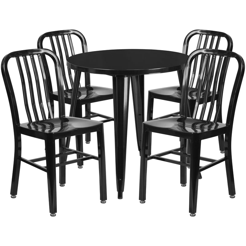 Commercial Grade 30" Round Black Metal Indoor-Outdoor Table Set with 4 Vertical Slat Back Chairs