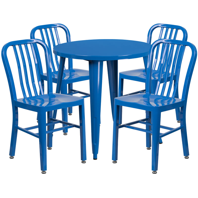 Commercial Grade 30" Round Blue Metal Indoor-Outdoor Table Set with 4 Vertical Slat Back Chairs