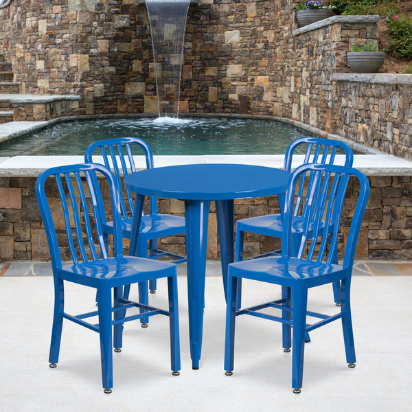 Commercial Grade 30" Round Blue Metal Indoor-Outdoor Table Set with 4 Vertical Slat Back Chairs