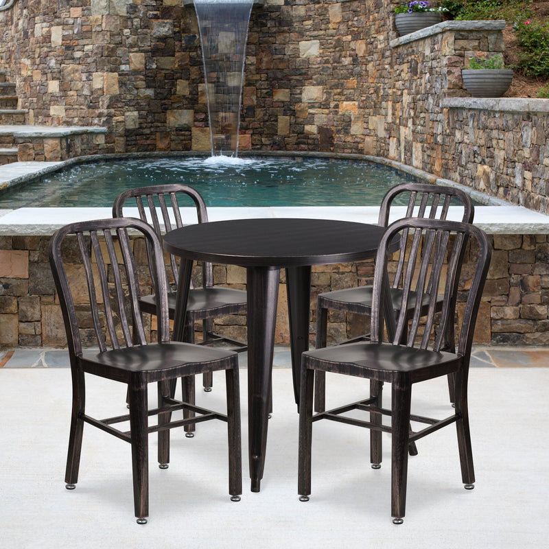 Commercial Grade 30" Round Black-Antique Gold Metal Indoor-Outdoor Table Set with 4 Vertical Slat Back Chairs