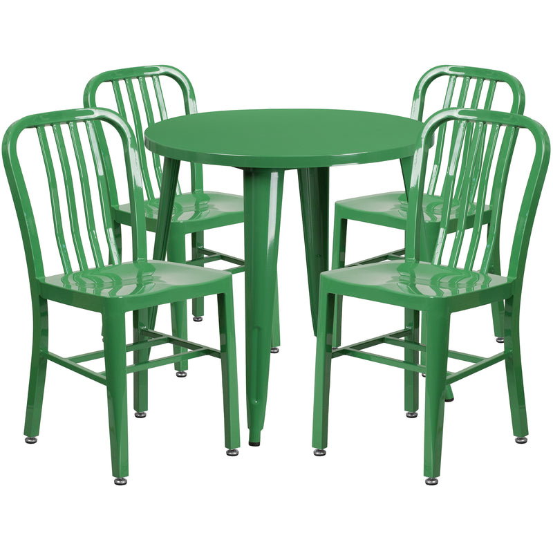 Commercial Grade 30" Round Green Metal Indoor-Outdoor Table Set with 4 Vertical Slat Back Chairs