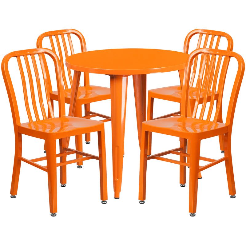 Commercial Grade 30" Round Orange Metal Indoor-Outdoor Table Set with 4 Vertical Slat Back Chairs