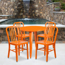 Commercial Grade 30" Round Orange Metal Indoor-Outdoor Table Set with 4 Vertical Slat Back Chairs
