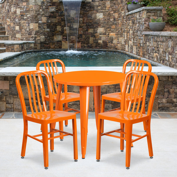 Commercial Grade 30" Round Orange Metal Indoor-Outdoor Table Set with 4 Vertical Slat Back Chairs