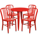 Commercial Grade 30" Round Red Metal Indoor-Outdoor Table Set with 4 Vertical Slat Back Chairs