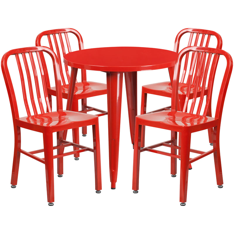 Commercial Grade 30" Round Red Metal Indoor-Outdoor Table Set with 4 Vertical Slat Back Chairs