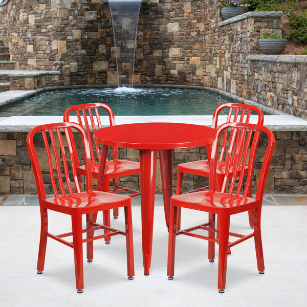 Commercial Grade 30" Round Red Metal Indoor-Outdoor Table Set with 4 Vertical Slat Back Chairs