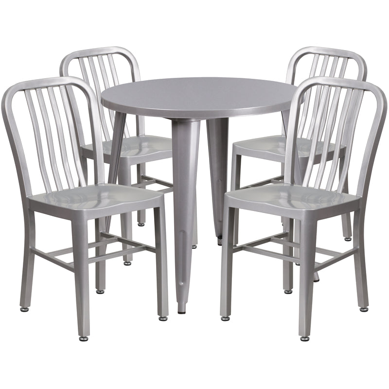 Commercial Grade 30" Round Silver Metal Indoor-Outdoor Table Set with 4 Vertical Slat Back Chairs