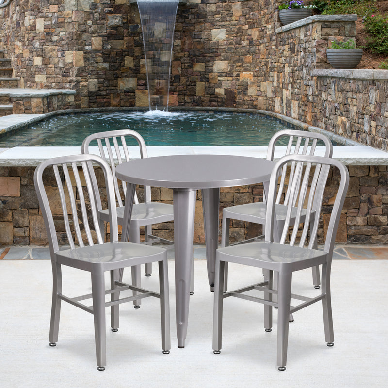 Commercial Grade 30" Round Silver Metal Indoor-Outdoor Table Set with 4 Vertical Slat Back Chairs