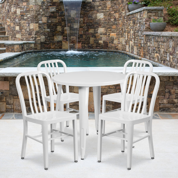 Commercial Grade 30" Round White Metal Indoor-Outdoor Table Set with 4 Vertical Slat Back Chairs