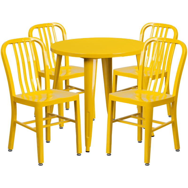 Commercial Grade 30" Round Yellow Metal Indoor-Outdoor Table Set with 4 Vertical Slat Back Chairs