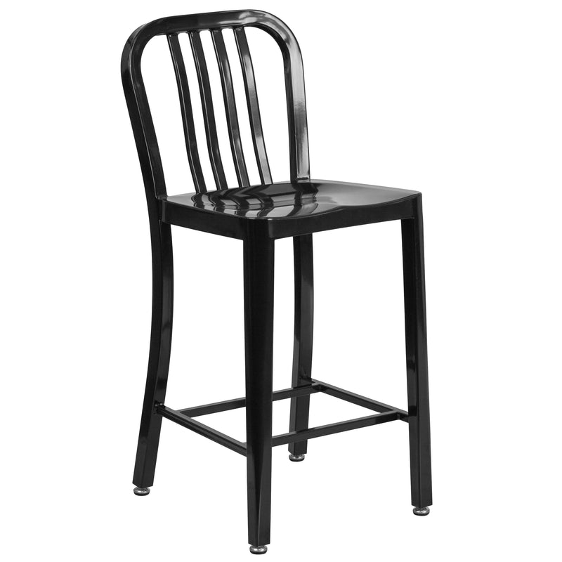 Commercial Grade 24" High Black Metal Indoor-Outdoor Counter Height Stool with Vertical Slat Back