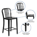 Commercial Grade 24" High Black Metal Indoor-Outdoor Counter Height Stool with Vertical Slat Back