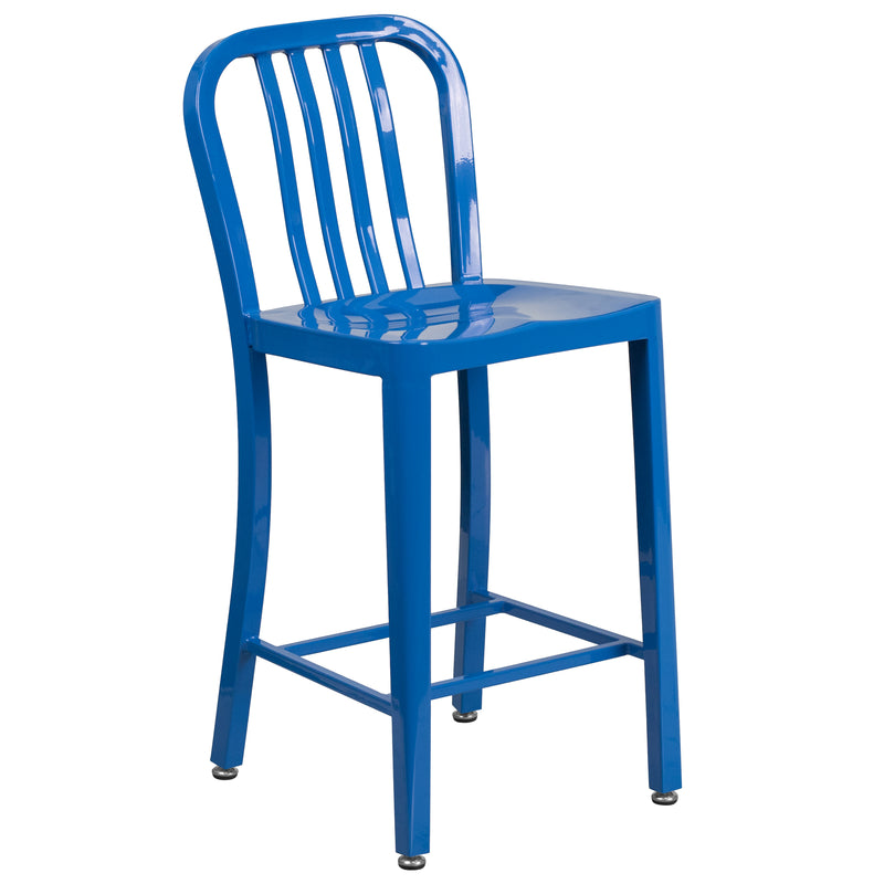 Commercial Grade 24" High Blue Metal Indoor-Outdoor Counter Height Stool with Vertical Slat Back