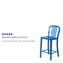 Commercial Grade 24" High Blue Metal Indoor-Outdoor Counter Height Stool with Vertical Slat Back