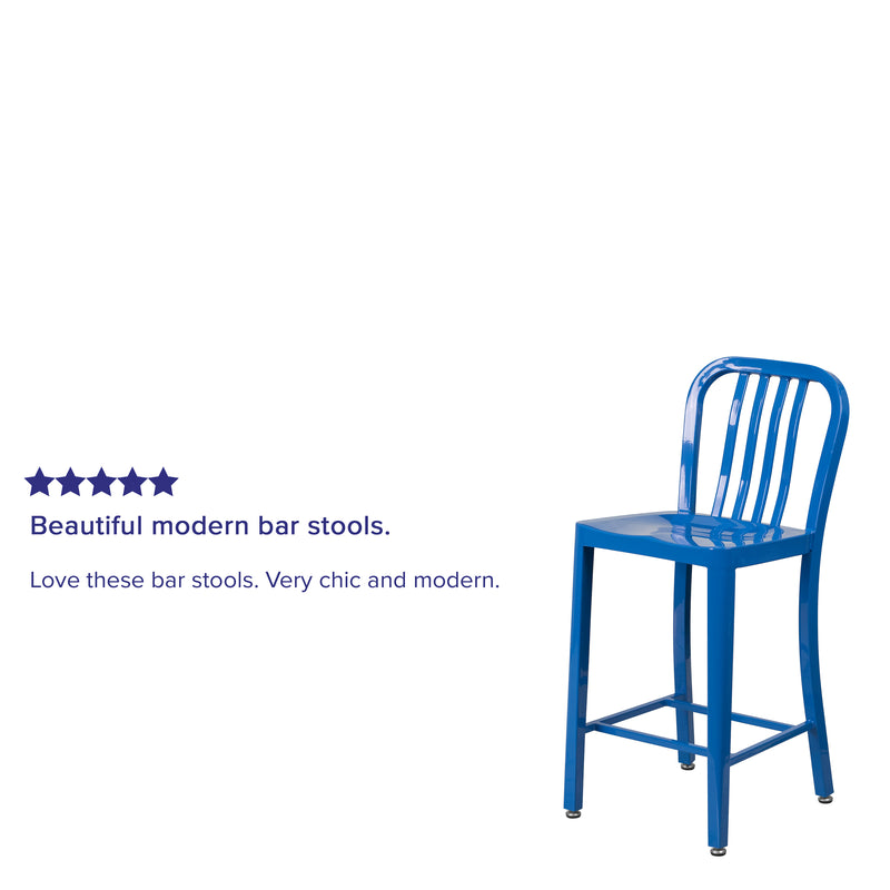 Commercial Grade 24" High Blue Metal Indoor-Outdoor Counter Height Stool with Vertical Slat Back