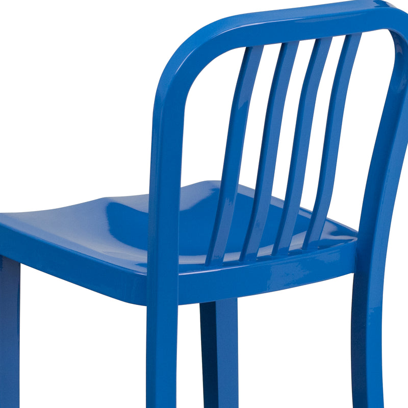 Commercial Grade 24" High Blue Metal Indoor-Outdoor Counter Height Stool with Vertical Slat Back