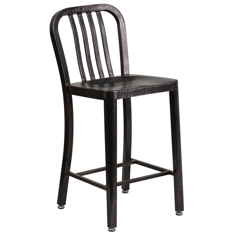 Commercial Grade 24" High Black-Antique Gold Metal Indoor-Outdoor Counter Height Stool with Vertical Slat Back