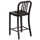 Commercial Grade 24" High Black-Antique Gold Metal Indoor-Outdoor Counter Height Stool with Vertical Slat Back