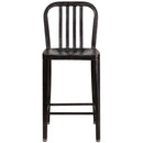 Commercial Grade 24" High Black-Antique Gold Metal Indoor-Outdoor Counter Height Stool with Vertical Slat Back