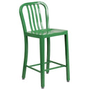 Commercial Grade 24" High Green Metal Indoor-Outdoor Counter Height Stool with Vertical Slat Back