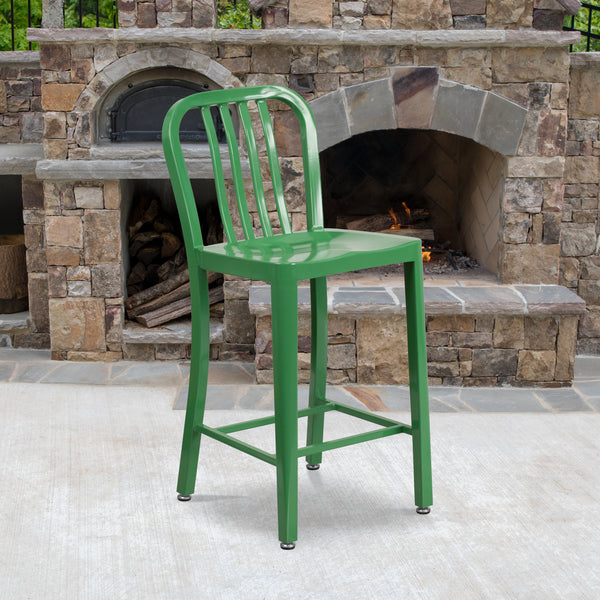 Commercial Grade 24" High Green Metal Indoor-Outdoor Counter Height Stool with Vertical Slat Back