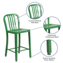 Commercial Grade 24" High Green Metal Indoor-Outdoor Counter Height Stool with Vertical Slat Back