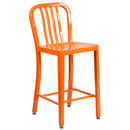 Commercial Grade 24" High Orange Metal Indoor-Outdoor Counter Height Stool with Vertical Slat Back