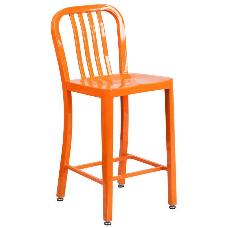 Commercial Grade 24" High Orange Metal Indoor-Outdoor Counter Height Stool with Vertical Slat Back