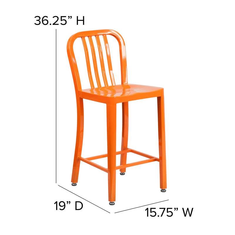 Commercial Grade 24" High Orange Metal Indoor-Outdoor Counter Height Stool with Vertical Slat Back