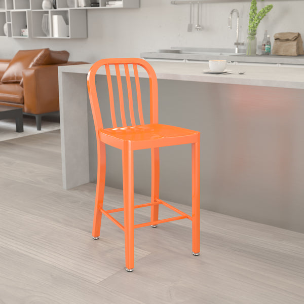 Commercial Grade 24" High Orange Metal Indoor-Outdoor Counter Height Stool with Vertical Slat Back