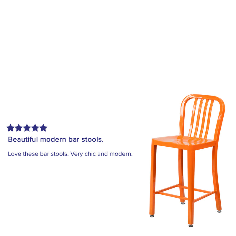 Commercial Grade 24" High Orange Metal Indoor-Outdoor Counter Height Stool with Vertical Slat Back