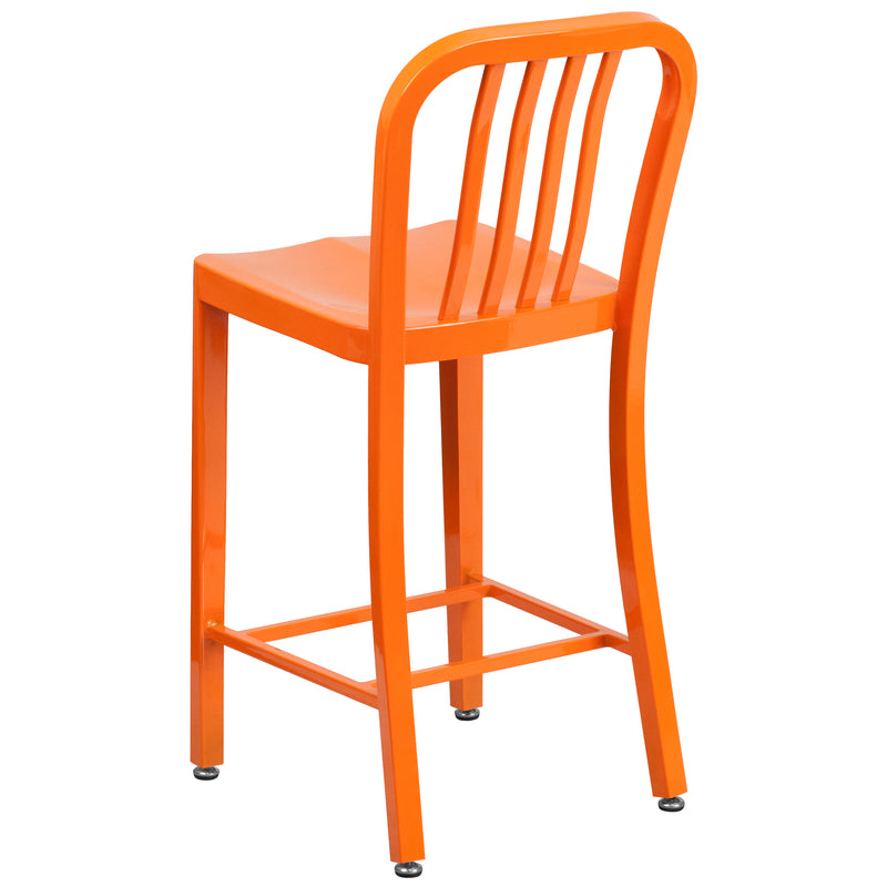 Commercial Grade 24" High Orange Metal Indoor-Outdoor Counter Height Stool with Vertical Slat Back