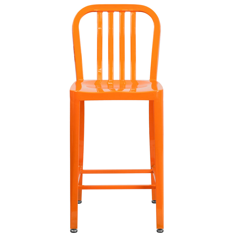 Commercial Grade 24" High Orange Metal Indoor-Outdoor Counter Height Stool with Vertical Slat Back