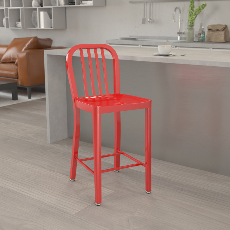 Commercial Grade 24" High Red Metal Indoor-Outdoor Counter Height Stool with Vertical Slat Back