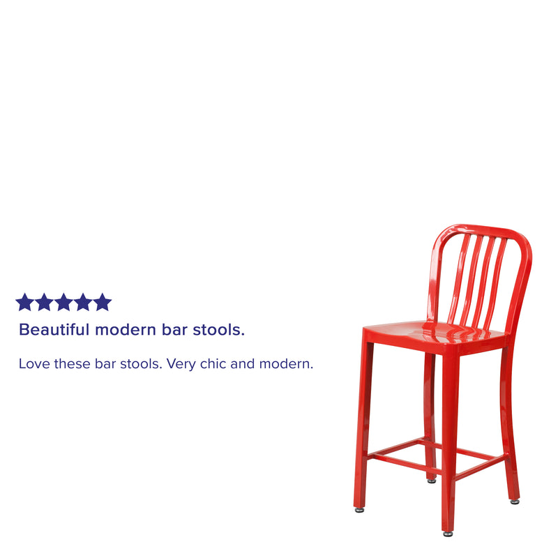 Commercial Grade 24" High Red Metal Indoor-Outdoor Counter Height Stool with Vertical Slat Back