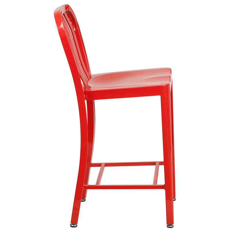 Commercial Grade 24" High Red Metal Indoor-Outdoor Counter Height Stool with Vertical Slat Back