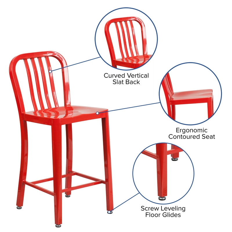 Commercial Grade 24" High Red Metal Indoor-Outdoor Counter Height Stool with Vertical Slat Back