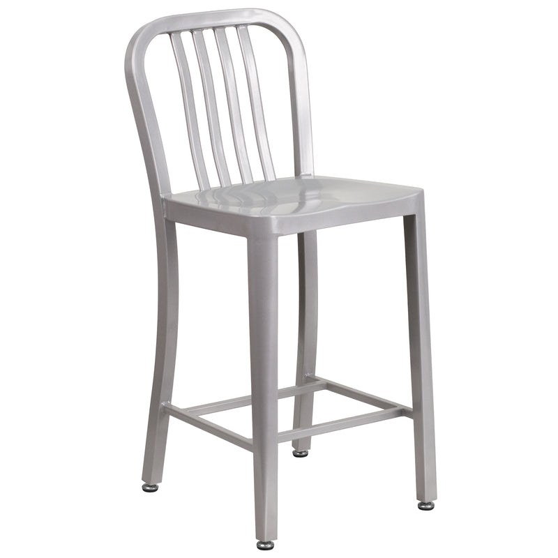 Commercial Grade 24" High Silver Metal Indoor-Outdoor Counter Height Stool with Vertical Slat Back